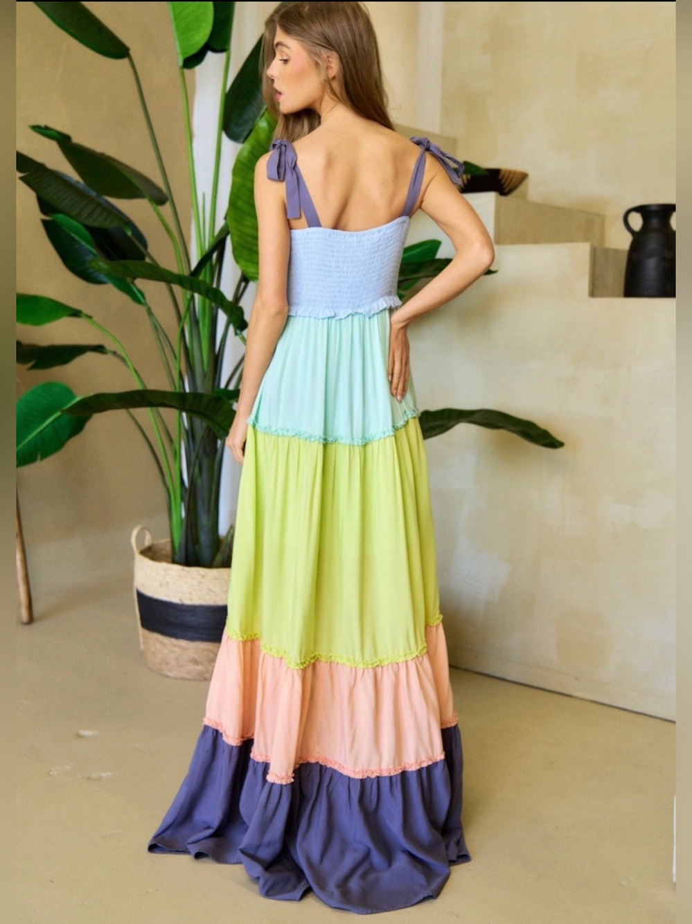 J.NNA Colorblock Tiered Smocked Maxi Dress Medium Blue Mint Lime Peach Boho